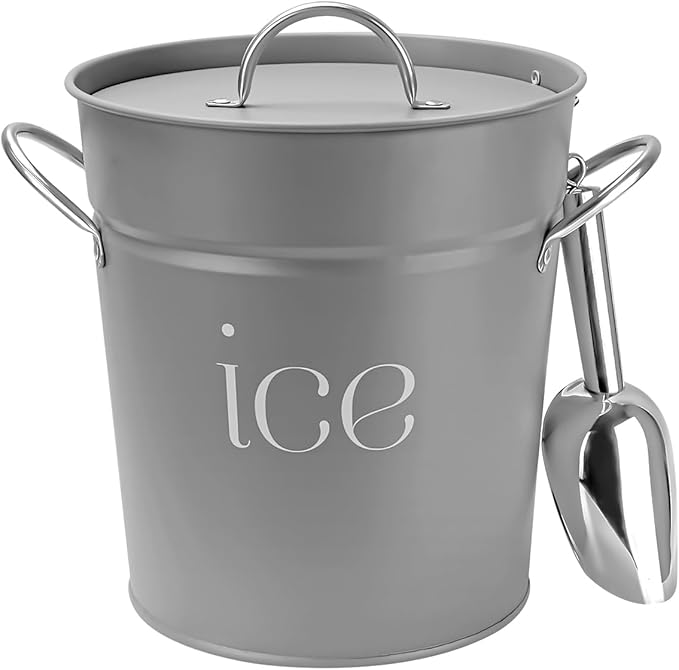 3 Qt White Galvanized Ice Bucket with Lid, Scoop and Handles, Insulated - Gray