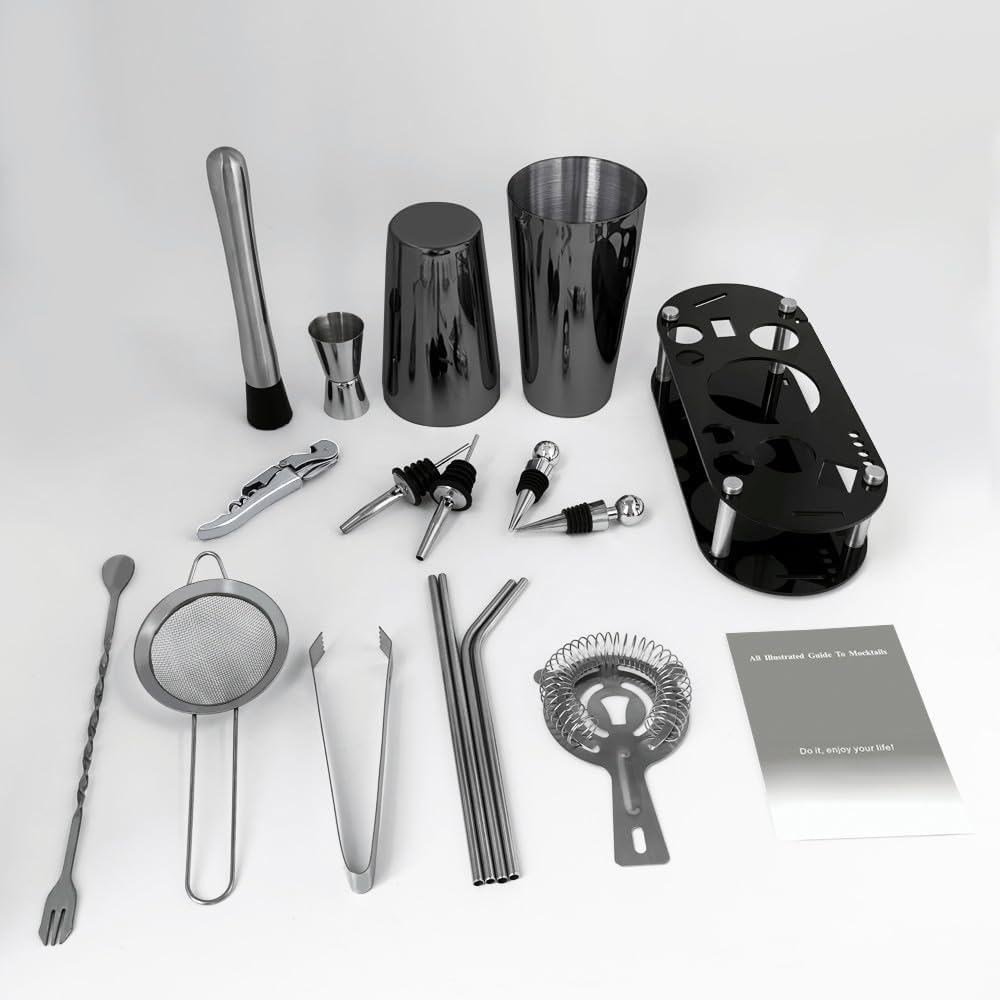 Cocktail Shaker Set Bartender Kit with Stand - 16 Piece Bar Tool Set Drink Mixer Set Includes : Shakers, Jigger, Strainer, Mixer Spoon, Muddler, Liquor Pourers, Straw (Black-25/20oz)