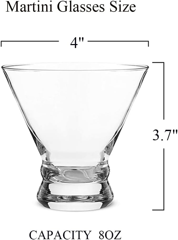 Stemless Martini Glasses Set of 4, 8 oz Martini Cocktail Glasses with Heavy Base, Bar Glasses for Margarita, Manhattan, Cosmopolitan,Parties, Birthdays, Housewarming Gift, Crystal,Clear