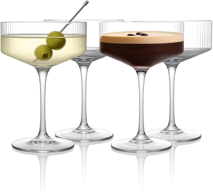 LEMONSODA Clear & Ribbed Stemmed Martini Coupe Glasses, Classic Barware - Set of 4
