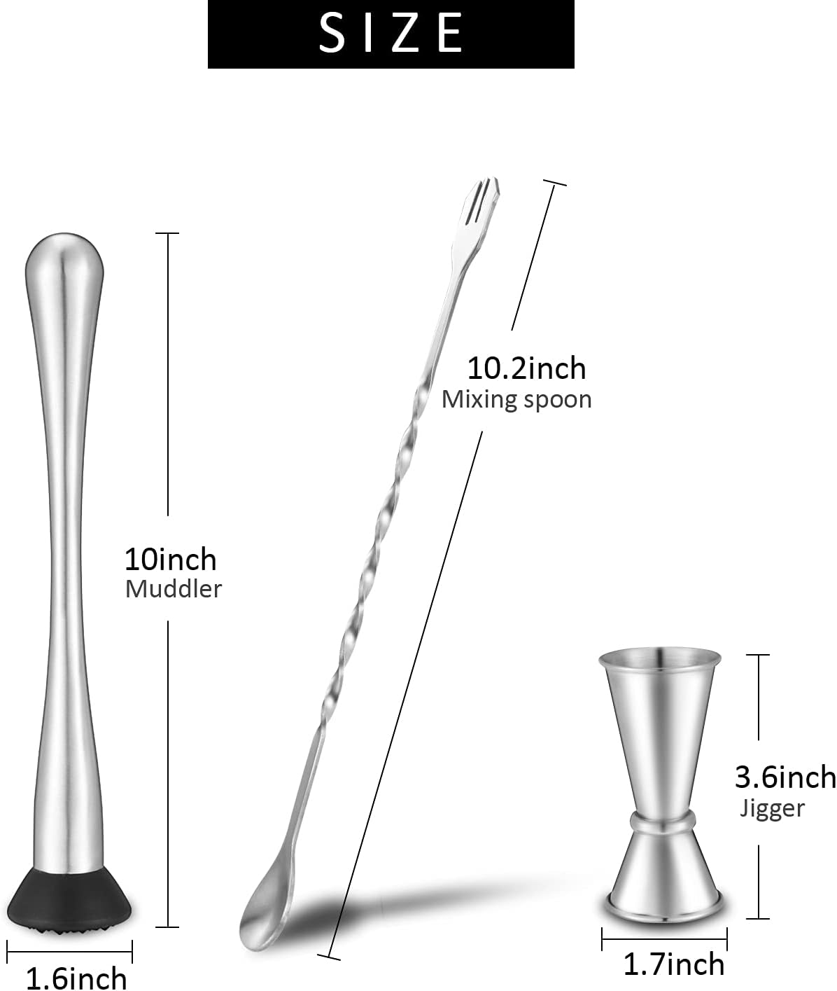 Stainless Steel Muddler for Cocktails,Mixing Spoon and Measuring Jigger,Professional Bar Tools,10-inch Bar Muddler for Making Mojitos,Margaritas and Other Fruit Based Drinks.