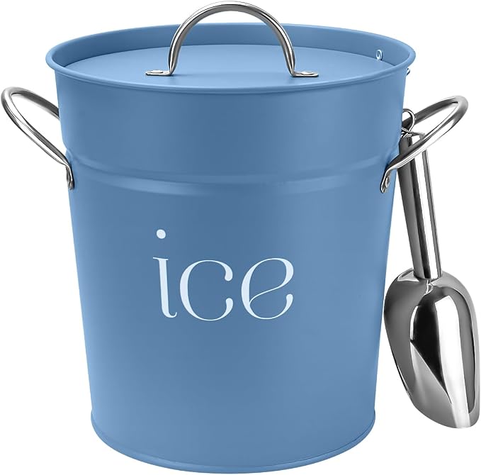 3 Qt White Galvanized Ice Bucket with Lid, Scoop and Handles, Insulated - Blue