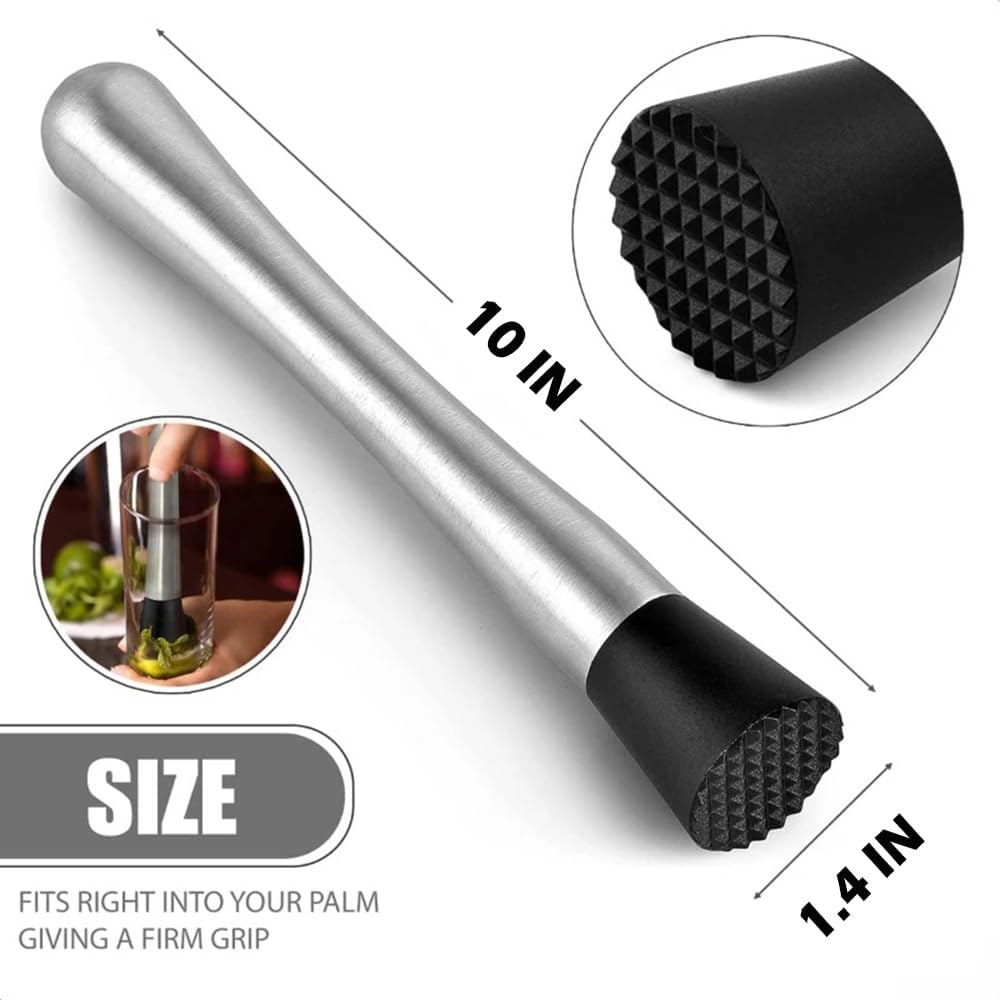 10 Inch Stainless Steel Muddler for Cocktails, Long Handle Durable Material, Bar Tool for Making Mojito and Fruit Drinks