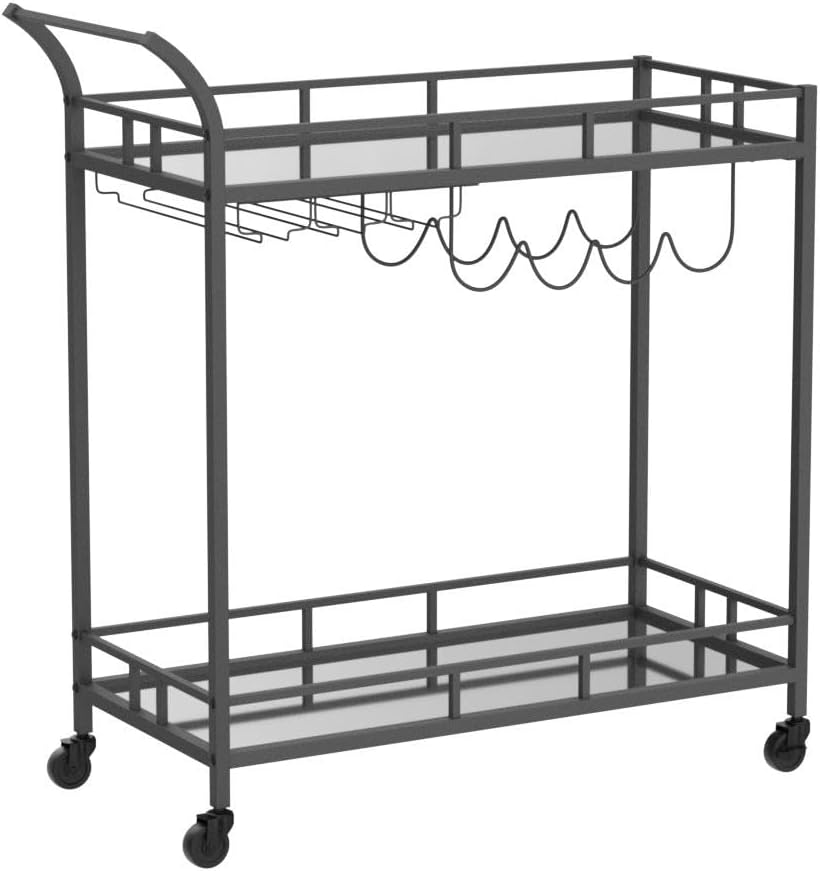 VASAGLE Bar Cart Black, Home Bar Serving Cart, Wine Cart with 2 Mirrored Shelves, Wine Holders, Glass Holders, for Kitchen, Dining Room, Black ULRC090B62
