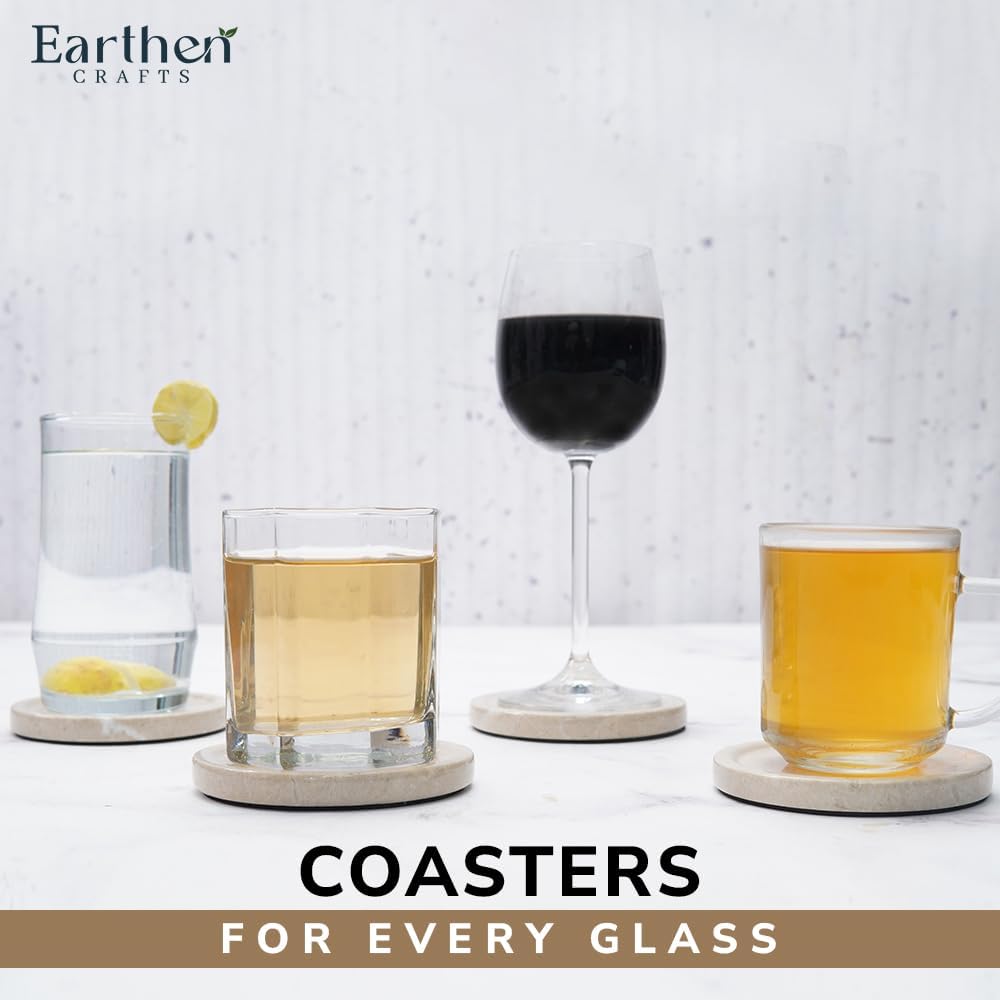 Marble Coasters Set of 4 Beige 4 Inches Round Coaster Set Natural Stone Drink Coasters, Coaster for Drinks, Coffee Table, Kitchen, Bar Décor