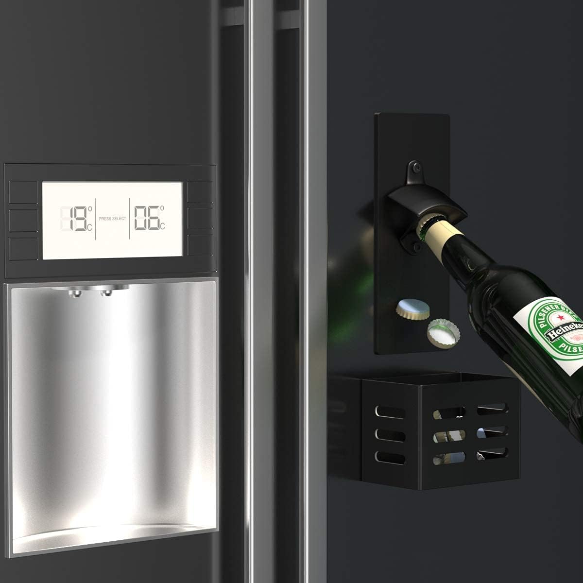 Weallbuy Magnetic Bottle Opener with Cap Catcher, Man Cave Accessories Removable Wall Mounted Beer Bottle Opener for Kitchen Fridge, Beer Gifts for Men (black)