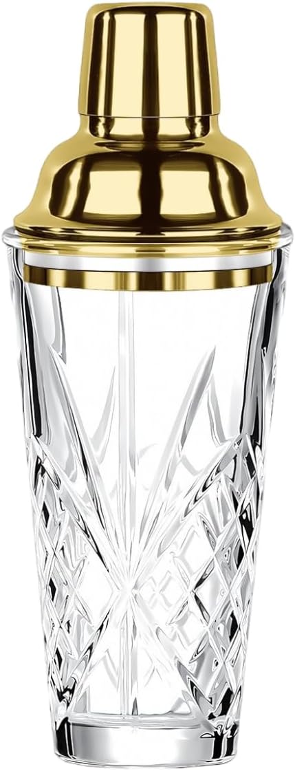 Glass Cocktail Shaker with Gold Lid, 15oz Crystal Cocktail Shaker Glass with Built-In Strainer, Leak Proof Shaker for Martini, Margarita, Mojito (1-Piece)