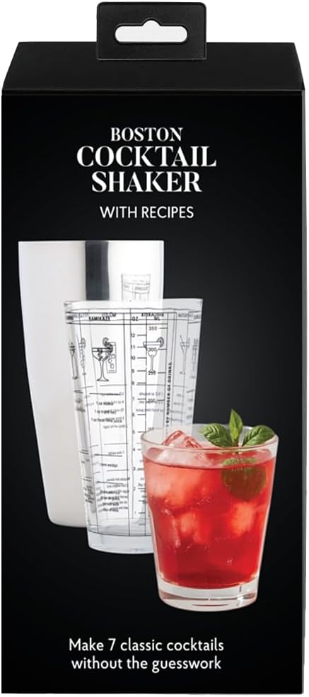 HIC Kitchen Bar Boston Cocktail Shaker and Mixer Glass Set with 7 Printed Recipes, 18/8 Stainless Steel and Borosilicate Glass