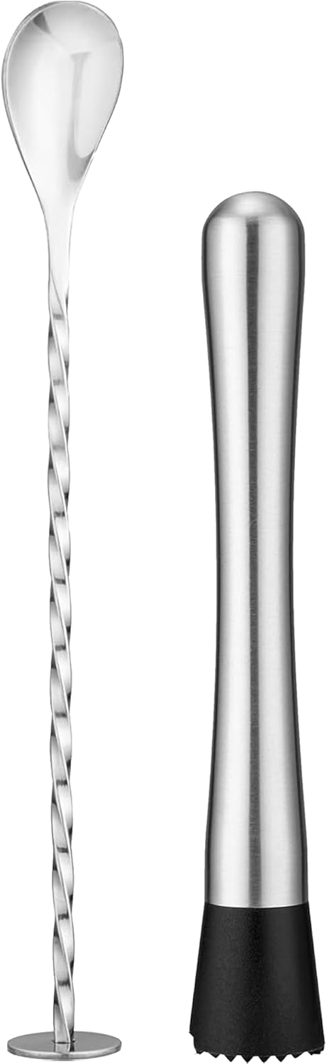 Stainless Steel Cocktail Muddler & Mixing Spoon Set — 10 Inch Bar Tool Kit for Home Bartenders, Ideal for Mojitos, Margaritas, Mint & Fruit Cocktails, Silver