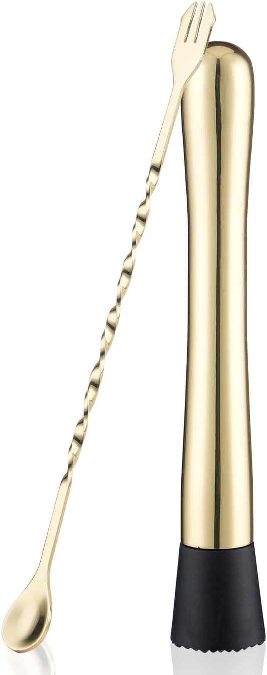 Muddler for Cocktails, 10 Inches Bar Mixing Spoon, 8 Inches Muddler - Premium 2 Piece Gold Cocktail Muddler for Drinks