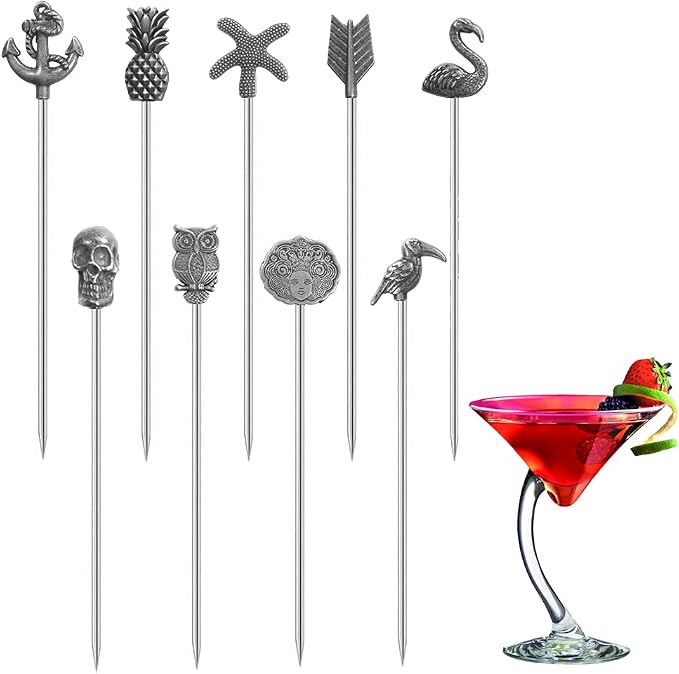 Stainless Steel Bird Martini Cocktail Picks for Fruit,Cocktail,Party,Wedding Set of 8 (Silver Bird) - Antique Silver