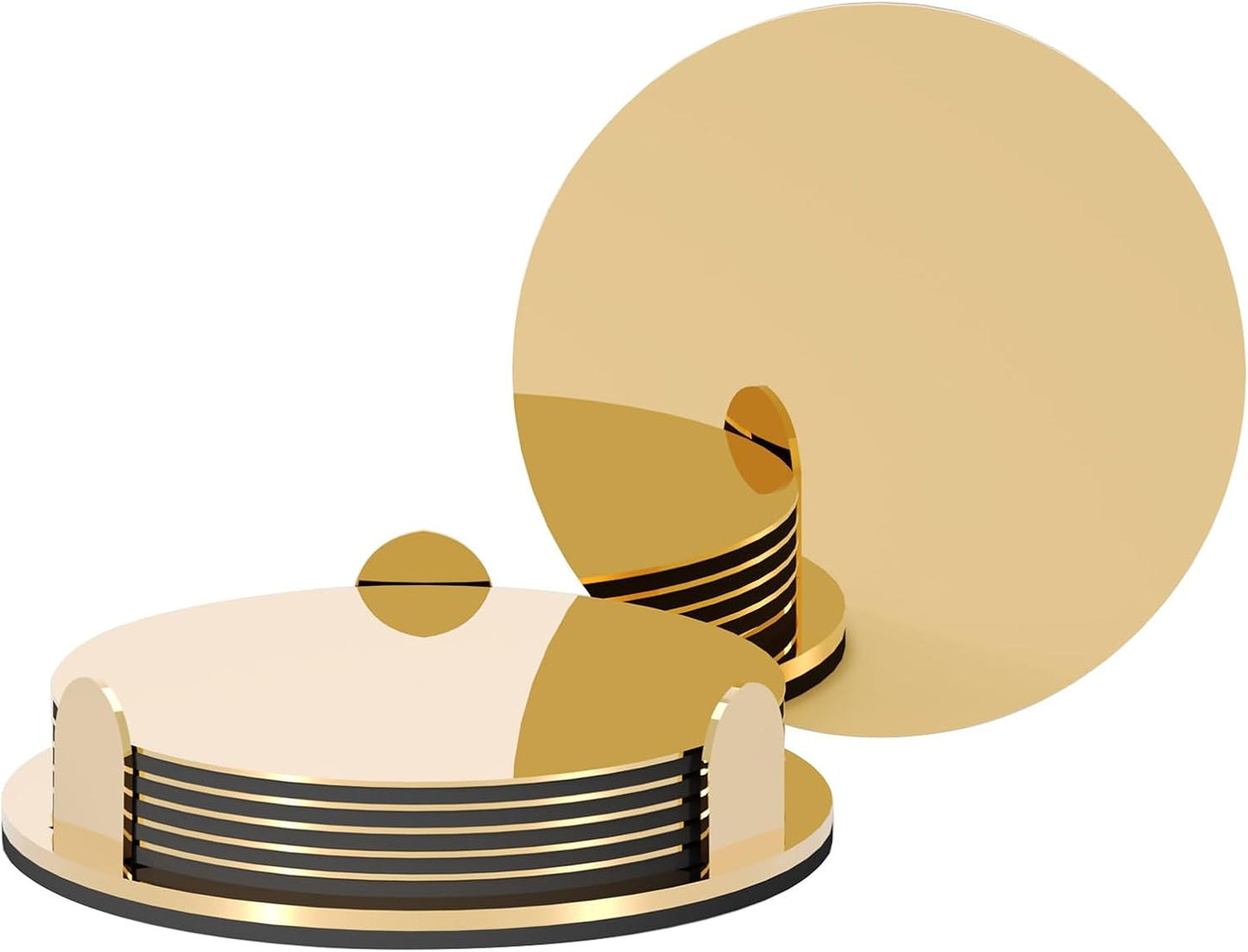 Gold Stainless Steel Coasters with Holder, Modern Mirror Drink Coaster Set of 6, Unique Round Cup Coasters with Non-Slip EVA Base, Housewarming Décor for Coffee Bar and Dining Table