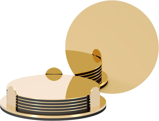 Gold Stainless Steel Coasters with Holder, Modern Mirror Drink Coaster Set of 6, Unique Round Cup Coasters with Non-Slip EVA Base, Housewarming Décor for Coffee Bar and Dining Table