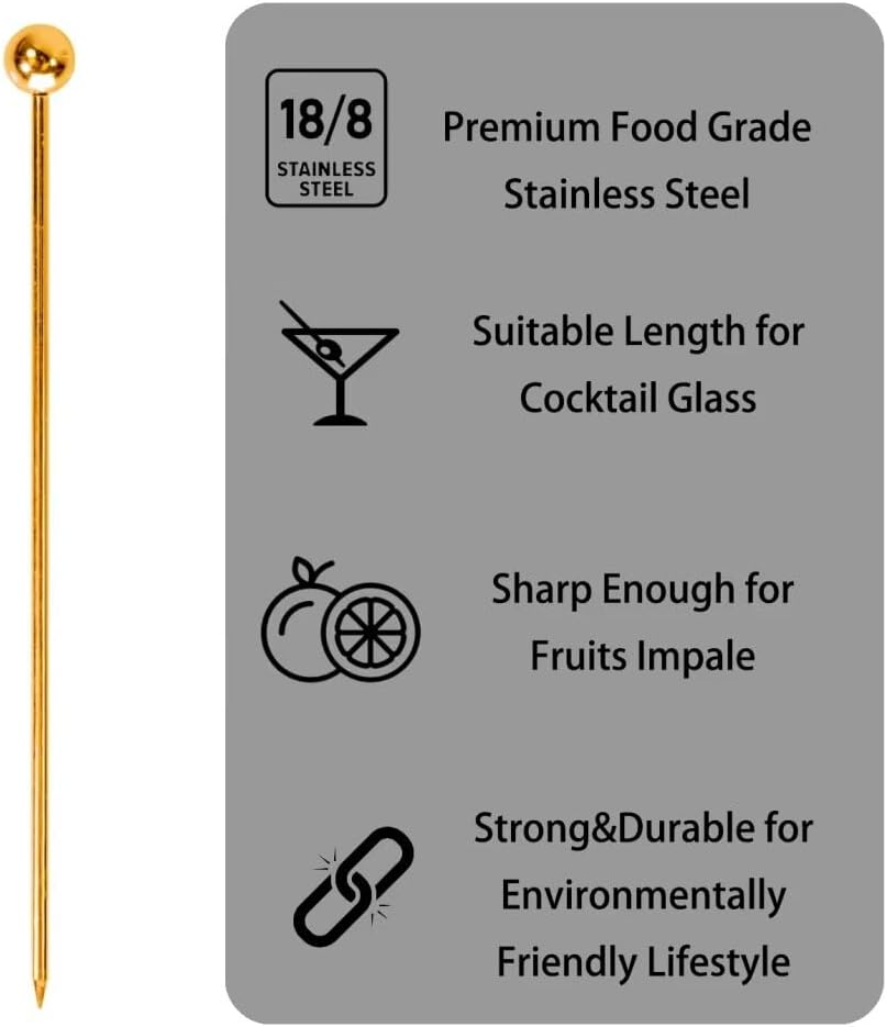 Lexenic 12-Piece Cocktail Picks Set with Holder, Premium 304 Stainless Steel Martini Skewers, Reusable Garnish Sticks for Olives, Appetizers & Fruit (1 Style Needle Golden)