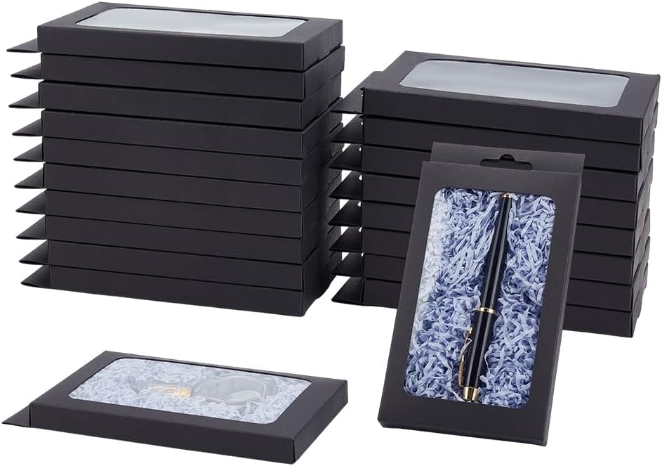 BENECREAT 20 Pack Kraft Paper Boxes with Clear Window 7.5x4x1inch Black Gift Packaging Boxes for Bakery Cookies Cake Candy Wedding Party Favors