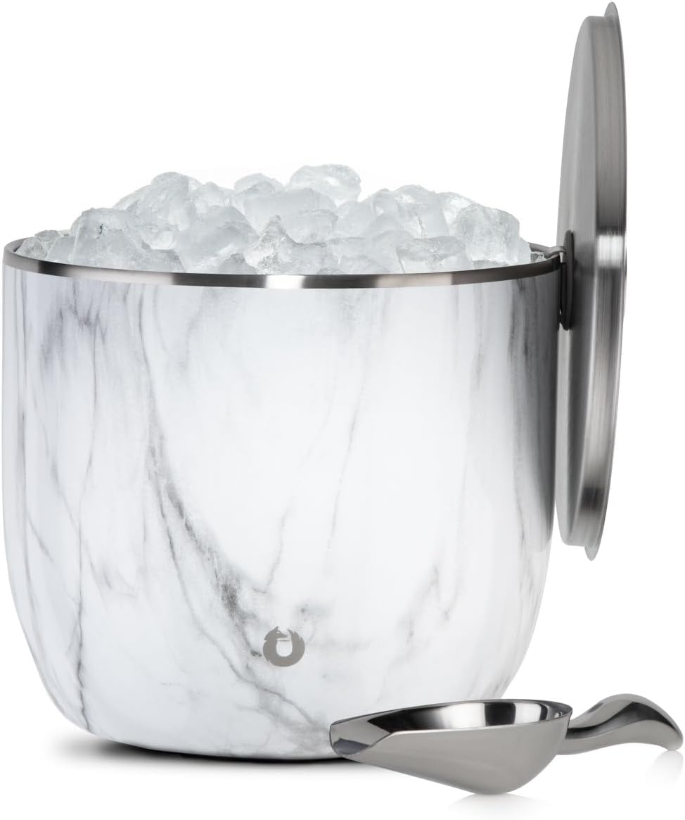 Snowfox XL - Insulated Ice Bucket with Lid/Scoops, Premium Vacuum Insulated Stainless Steel Ice Buckets for Parties, Ice Box, Home Bar Accessories, Parties Supplies, Bar Decor, 7L, Marble
