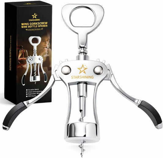 Wine Opener,Heavy-Duty Zinc Alloy Wing Corkscrew Manual Wine Bottle Opener with Sharp Spiral Screw for Sommeliers Wine Lovers,Polished Silver