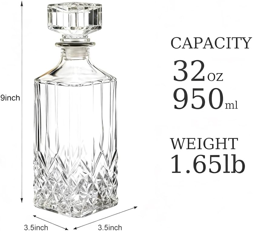 Whiskey Decanter with Airtight Geometric Stopper,32oz Liquor Decanter,Glass Decanter,Diaphanous Liquor Bottle,Decanter with Airtight Lid for Whiskey,Vodka,Bourbon,Scotch,Brandy,Wine