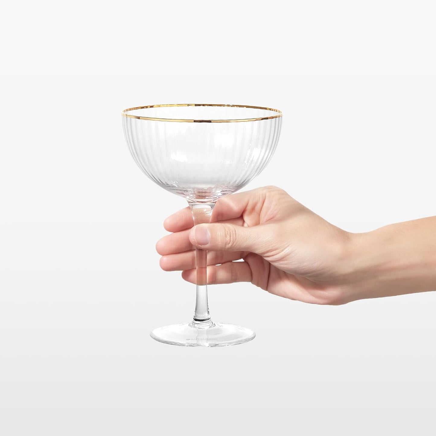 Royalrose Premium Cheerfull Fluted 10.7 oz Coupe Glasses Set of 4 – Vintage Gold Rim, Hand-Blown Fine Glass – Elegant Barware for Cocktails, Parties & Home Entertaining (4)