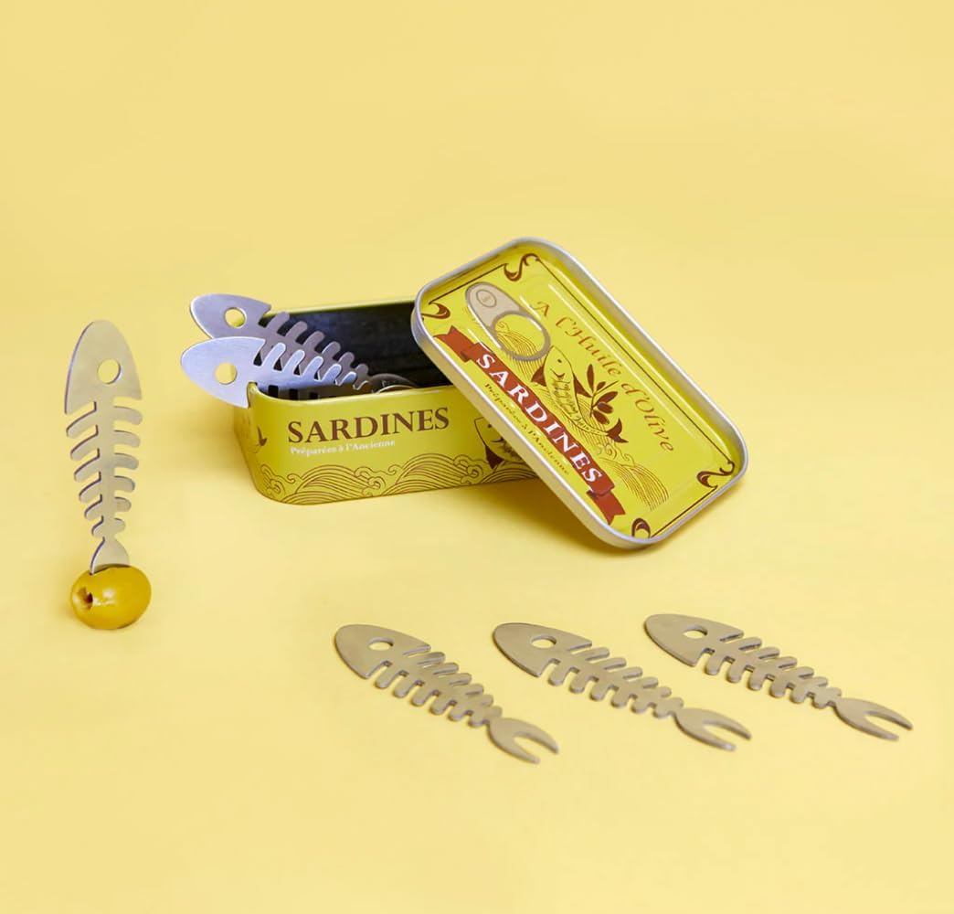 Balvi Sardines Snack Forks Set of 6 – Stainless Steel Fishbone Design Appetizer Picks in Vintage-Style Tin – Ideal for Tapas, Seafood, and Hors d'oeuvres – Tenedores de Aperitivo