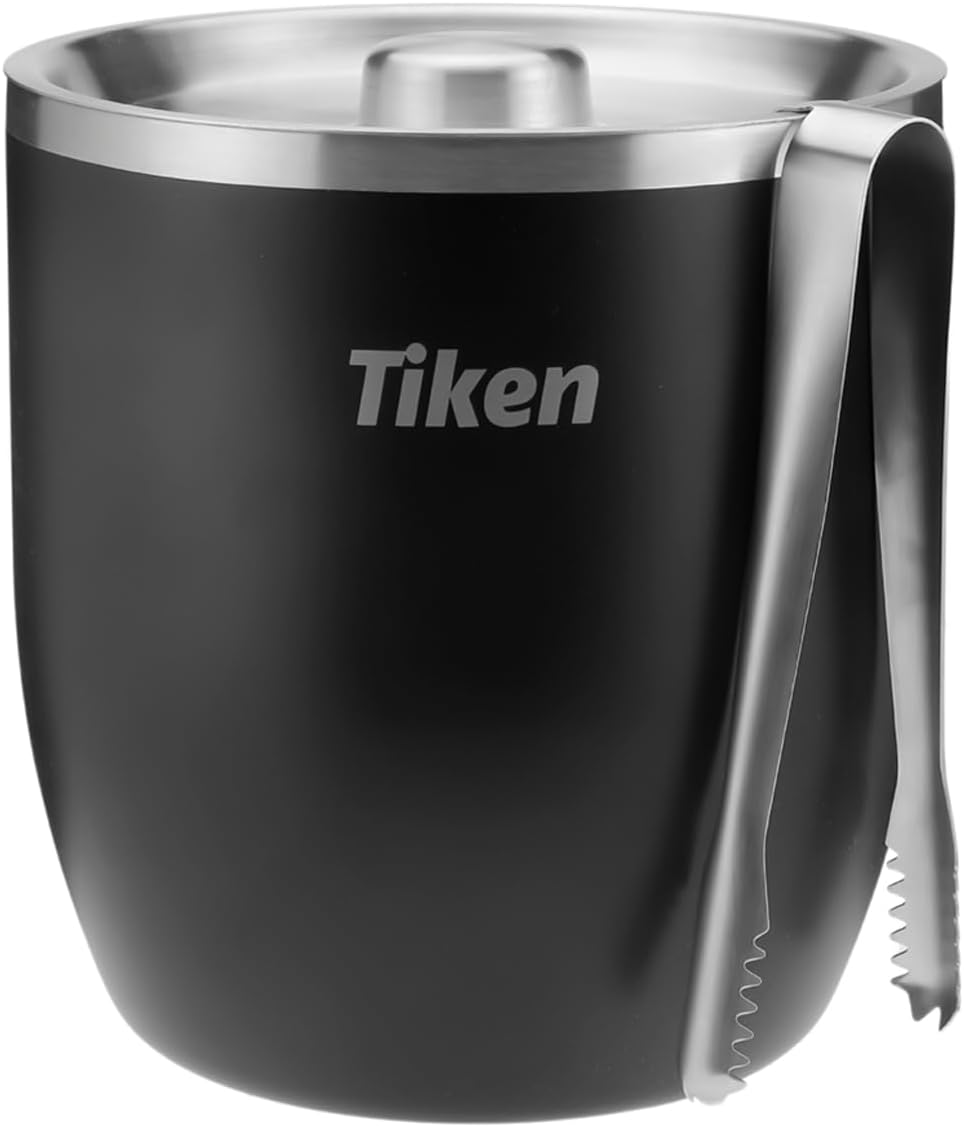 Tiken 3L Double-Wall Vacuum Insulated Ice Bucket with Lid & Tong Stainless Steel Champagne Buckets for Cocktail Bar, Parties & Outdoor - Black