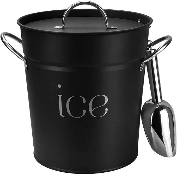 3 Qt White Galvanized Ice Bucket with Lid, Scoop and Handles, Insulated - Black