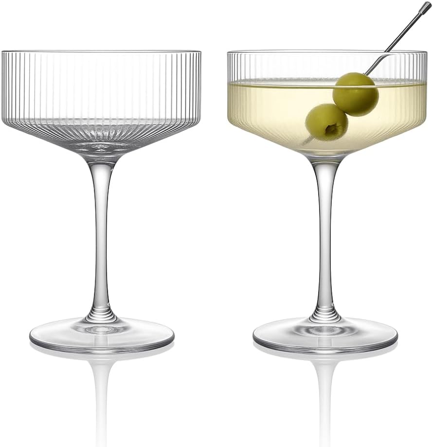LEMONSODA Clear & Ribbed Stemmed Martini Coupe Glasses, Classic Barware - Set of 2