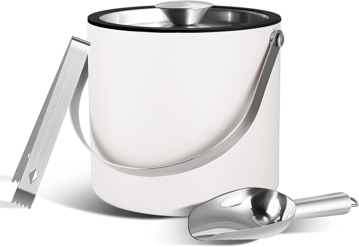 Bakpoco Double-Wall Vacuum Insulated Ice Bucket with Lid, Scoop, Ice Tong, Strainer & Leather Handle Keep Ice Frozen Longer Large Wine Ice Buckets for Cocktail Bar,Parties Chilling Beer Champagne 3L - Moonlit White