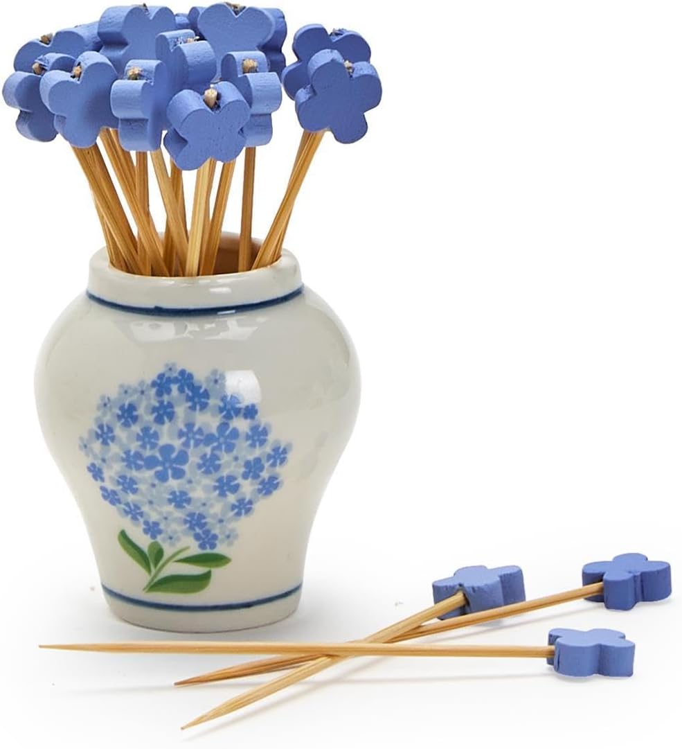 Hydrangea Ginger Jar & Bamboo Cocktail Picks Set - Elegant Ceramic Decor Piece with 20 Eco-Friendly Picks for Entertaining