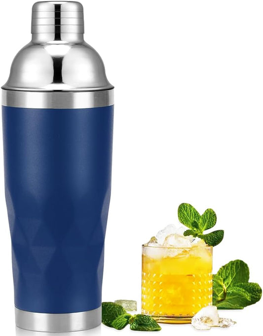 Insulated Cocktail Shaker Blue -20oz Double Wall Vacuum Stainless Steel Martini Shaker with Built-in Strainer, Pro Leak-Proof Weighted Shaker for Home Bar, Premium Bar Gift Set