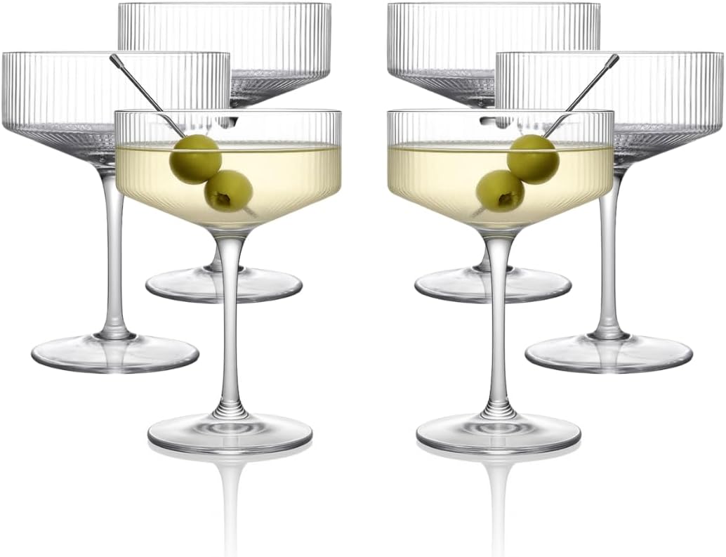 LEMONSODA Clear & Ribbed Stemmed Martini Coupe Glasses, Classic Barware - Set of 6