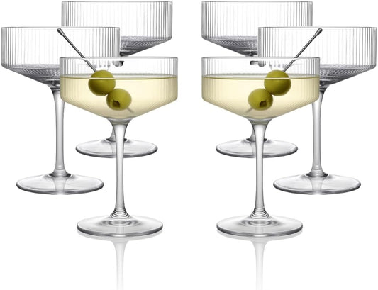 LEMONSODA Clear & Ribbed Stemmed Martini Coupe Glasses, Classic Barware - Set of 6