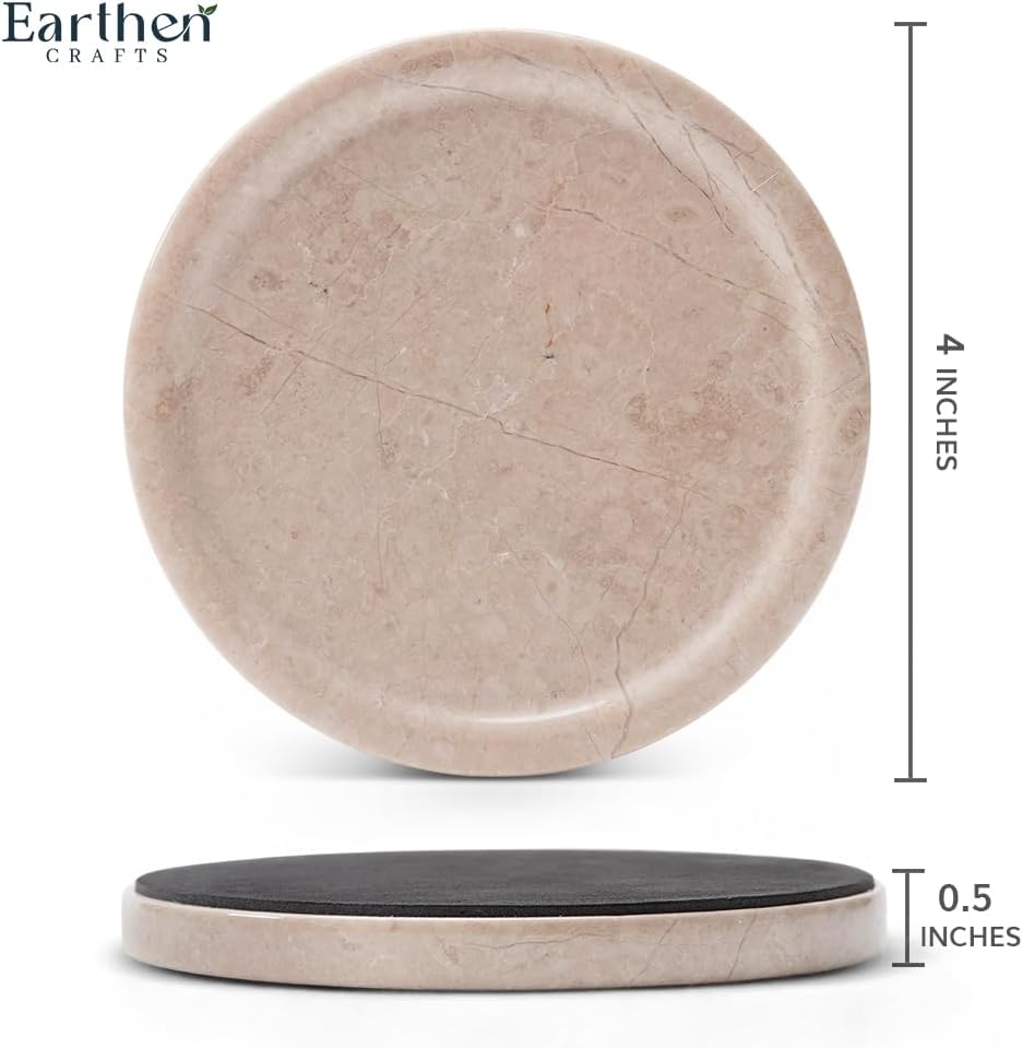 Marble Coasters Set of 4 Beige 4 Inches Round Coaster Set Natural Stone Drink Coasters, Coaster for Drinks, Coffee Table, Kitchen, Bar Décor