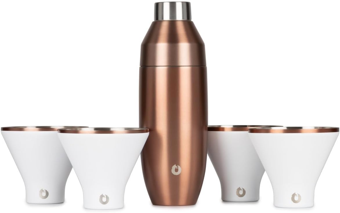 Snowfox Insulated Stemless Martini Glasses Set of 4 (8oz) & Cocktail Shaker (22oz), Vacuum Insulated Stainless Steel for Cold Drinks, Lid With Jigger & Built In Strainer, Bar Accessories, White/Gold