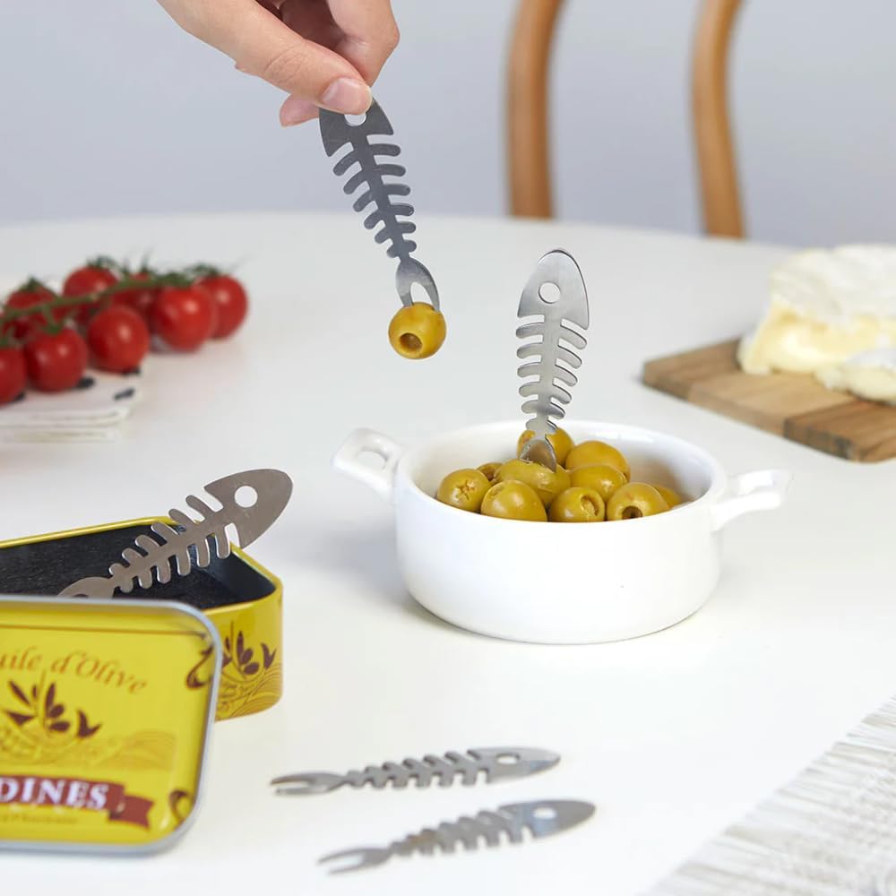 Balvi Sardines Snack Forks Set of 6 – Stainless Steel Fishbone Design Appetizer Picks in Vintage-Style Tin – Ideal for Tapas, Seafood, and Hors d'oeuvres – Tenedores de Aperitivo