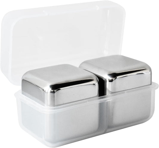 Outset Stainless Steel Ice Cubes, Set of 2 Reusable Metal Whiskey Stones with Store Box, 1.57"