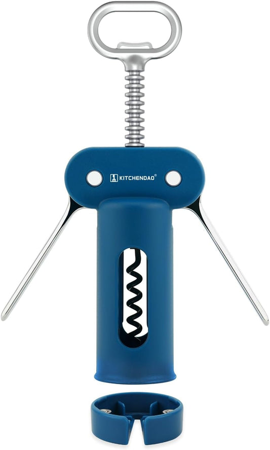 KITCHENDAO 3 in 1 Wing Corkscrew Wine Bottle Opener with Foil Cutter, Built-in Beer Bottle Opener, Multifunctional Wine Opener with Non-Stick Sharp Screw, Easy to Use, Manual Wine Corkscrew, Blue