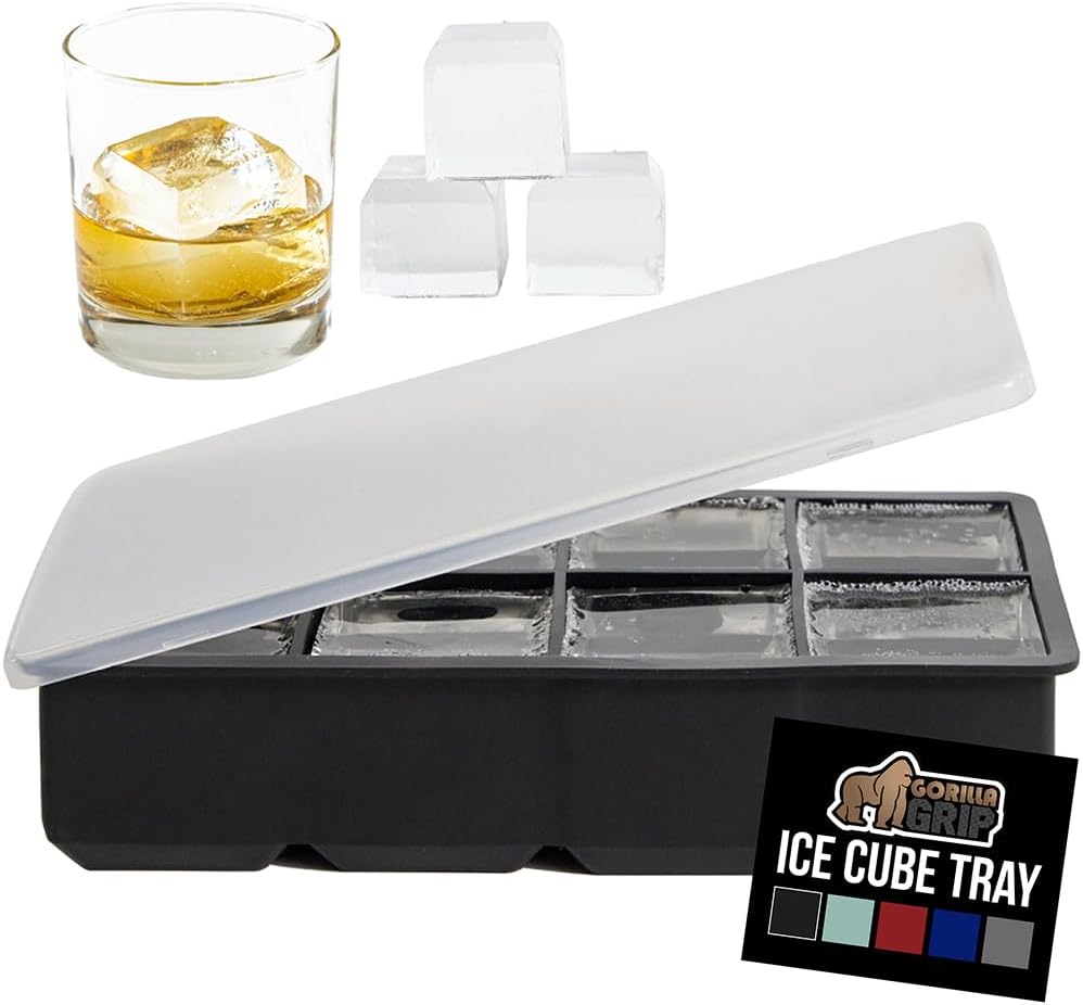 GORILLA GRIP Slow Melting Large Silicone Ice Cube Tray for Freezer, Easy to Push 8 Giant Square Cubes, Use for Cocktails, Iced Coffee, Water Bottle, Frozen Puree, Kitchen Bar Essentials, 1 Pack, Black