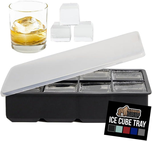 GORILLA GRIP Slow Melting Large Silicone Ice Cube Tray for Freezer, Easy to Push 8 Giant Square Cubes, Use for Cocktails, Iced Coffee, Water Bottle, Frozen Puree, Kitchen Bar Essentials, 1 Pack, Black