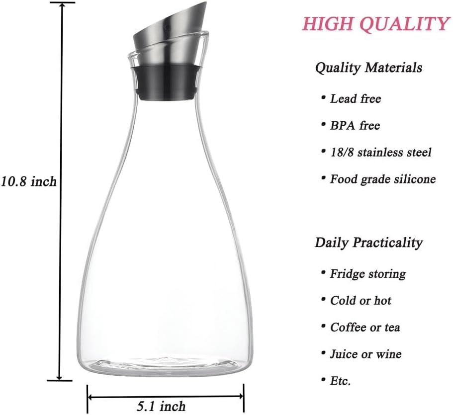 50 Ounces Borosilicate Glass Carafe with Lid, Glass Pitcher for Hot/Cold Water, Ice Tea and Lemonade Beverage