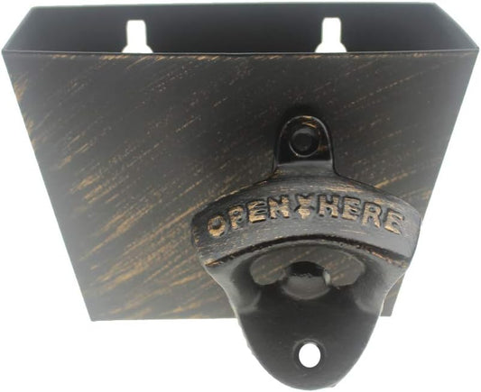 Cast Iron Beer Cap Opener Wall Mounted Bottle Opener with Cap Catcher Post Mounted (Aged Gold)