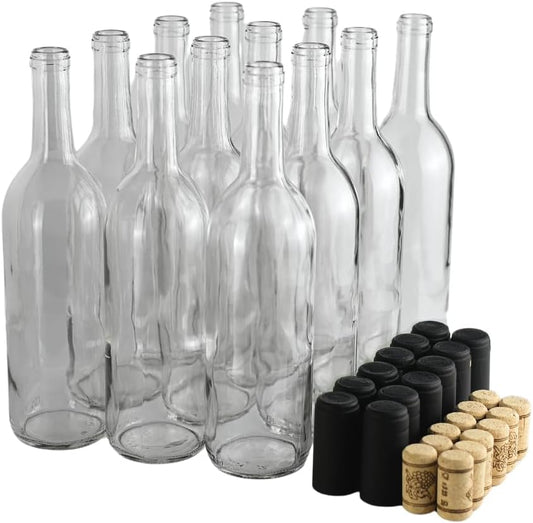 FastRack Clear Wine Bottles 750 ml (Pack of 12) w/No.8 Natural Corks & Matte Black Shrink Sleeves | W5 Bordeaux Empty Liquor Bottles | Flint Flat-Bottomed Cork Top Clear Glass Bottle for Wine Making