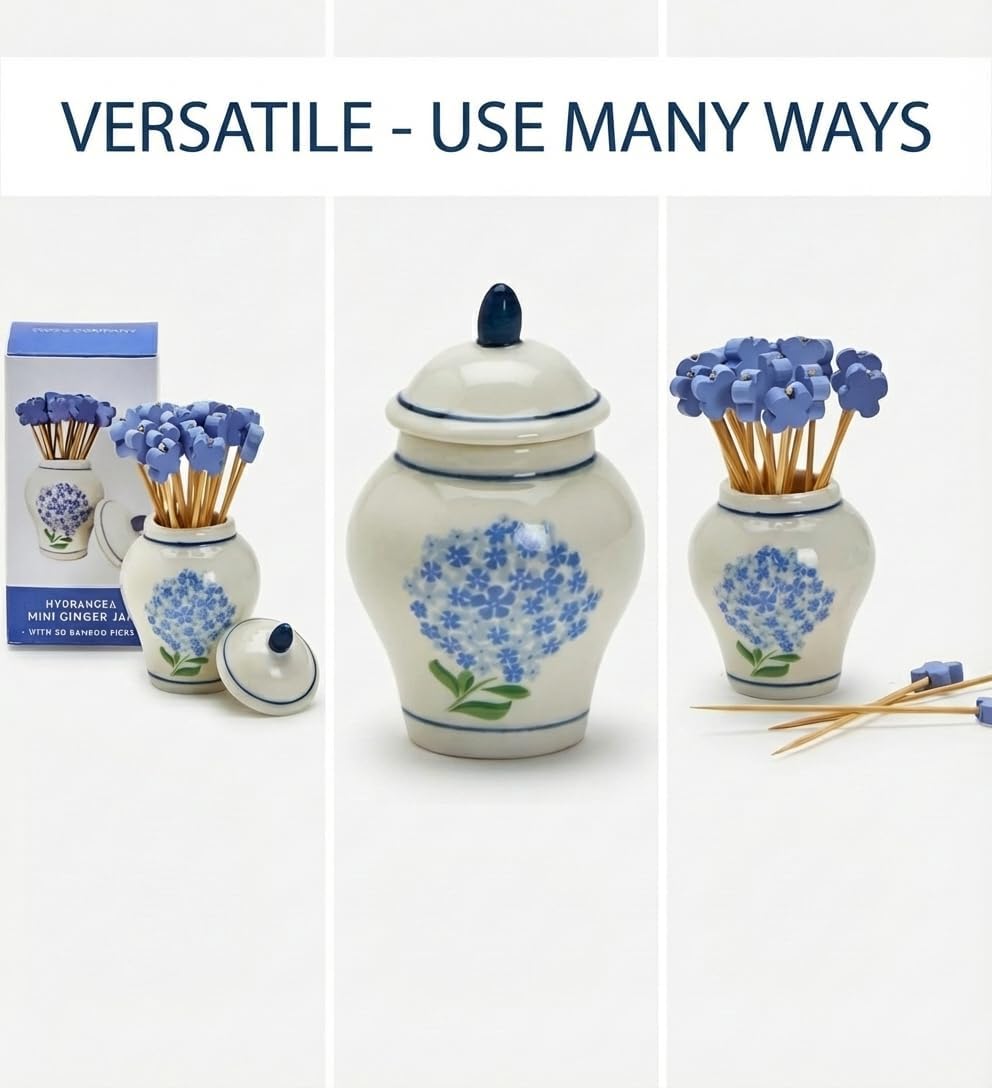 Hydrangea Ginger Jar & Bamboo Cocktail Picks Set - Elegant Ceramic Decor Piece with 20 Eco-Friendly Picks for Entertaining