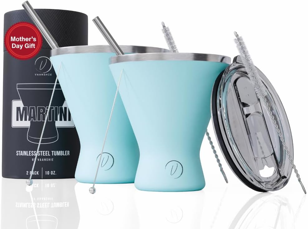 Mother’s Day Gift for Mom – Set of 2 [Blue] Stainless Steel Martini Glasses, Unbreakable Metal Cocktail Glass Set, Unique Gift for Women Wife, 10oz