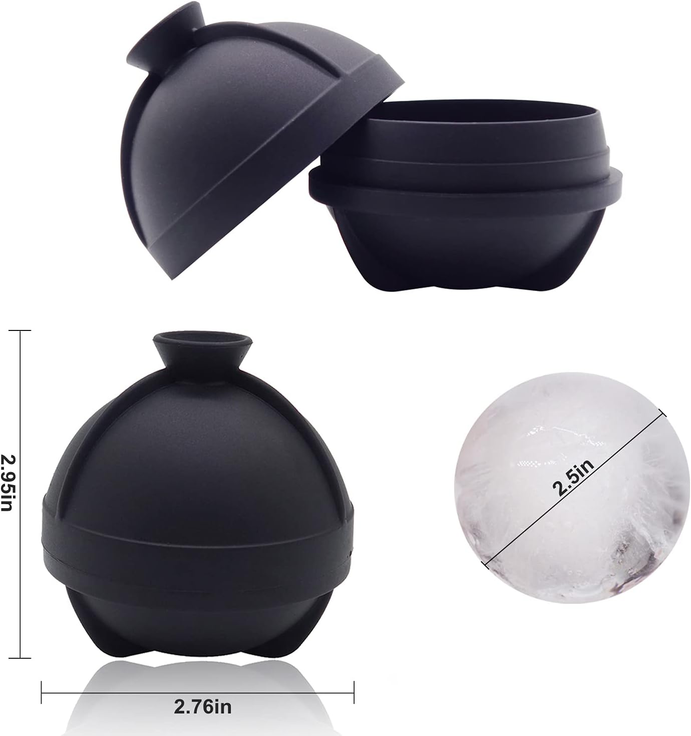 Sphere Ice Molds - 6 Pack - Silicone Ice Ball Molds with Built-in Funnel - Round Ice Cube Molds - Make 2.5 Inch Big Ice Sphere for Whiskey & Cocktails,Food Grade and BPA Free, Black