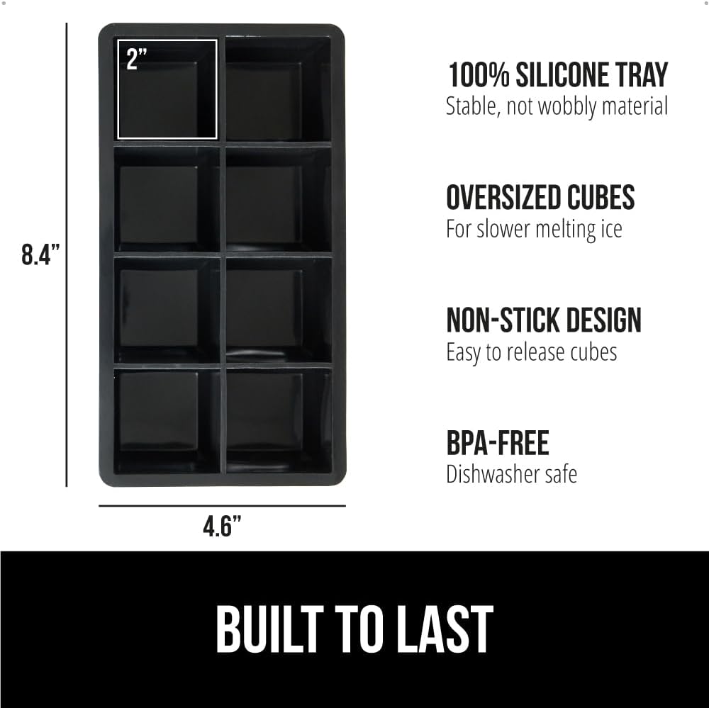 GORILLA GRIP Slow Melting Large Silicone Ice Cube Tray for Freezer, Easy to Push 8 Giant Square Cubes, Use for Cocktails, Iced Coffee, Water Bottle, Frozen Puree, Kitchen Bar Essentials, 1 Pack, Black