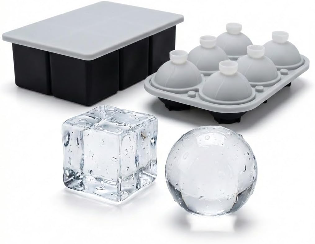 Large Ice Cube & Sphere Mold Set – 6 Whiskey Ice Cubes (2.2") + 6 Ice Spheres (2.4"), Silicone Ice Tray for Bourbon, Cocktails, Slow Melting, Easy Release, BPA-Free