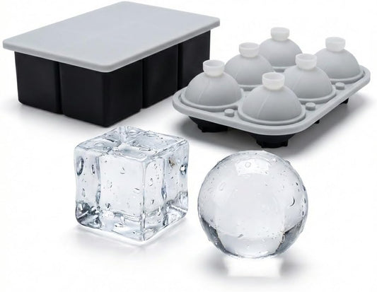 Large Ice Cube & Sphere Mold Set – 6 Whiskey Ice Cubes (2.2") + 6 Ice Spheres (2.4"), Silicone Ice Tray for Bourbon, Cocktails, Slow Melting, Easy Release, BPA-Free