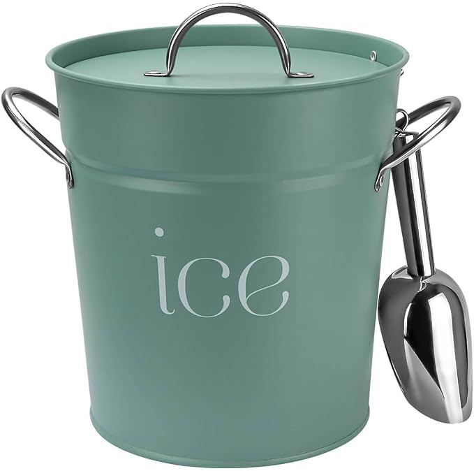 3 Qt White Galvanized Ice Bucket with Lid, Scoop and Handles, Insulated - Mint Green