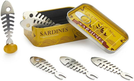 Balvi Sardines Snack Forks Set of 6 – Stainless Steel Fishbone Design Appetizer Picks in Vintage-Style Tin – Ideal for Tapas, Seafood, and Hors d'oeuvres – Tenedores de Aperitivo